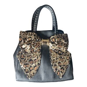 Betsey Johnson Vintage Oh Bow! Leopard Sequin Black Satchel